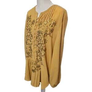 Womens Top by Roamans Gold Sequined puff sleeve Bohemian Shirt Blouse sz 18w